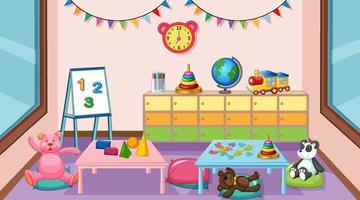 interior vacío del aula de jardín de infantes con muchos juguetes para niños vector