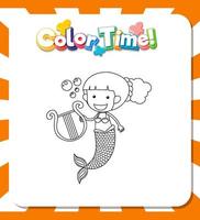 Worksheets template with color time text and Mermaid outline vector