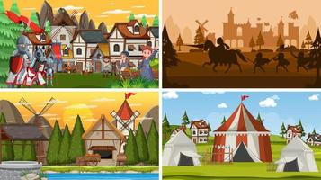 Set of different scene medieval with silhouette vector