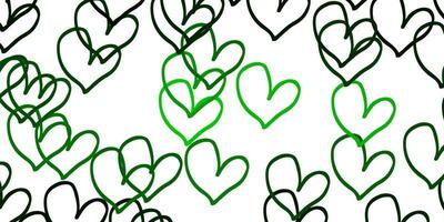 Fondo de vector verde claro con corazones.