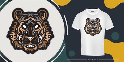 The colored face of a lion, composed of patterns. Tiger head print. For T-shirts, phone cases and cups. Exclusive corporate identity. Isolated. Vector illustration.