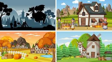 Set of different scene medieval with silhouette vector