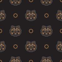 Seamless pattern with tiger face in colored Polynesian style. Good for garments, textiles, backgrounds and prints. Vector illustration.