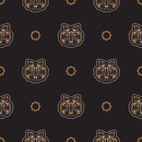 Seamless pattern with tiger face in colored Polynesian style. Good for garments, textiles, backgrounds and prints. Vector illustration.