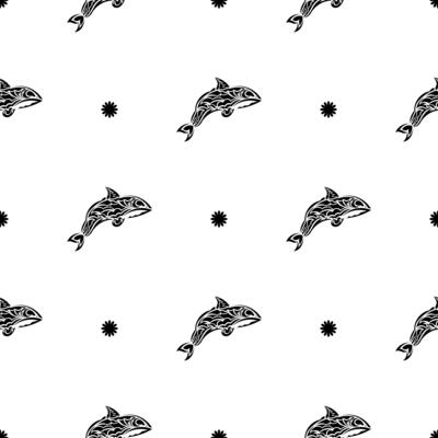 Seamless Black and White Pattern with Whales in Simple Style. Good for mural wallpaper, fabric, postcards and printing. illustration.