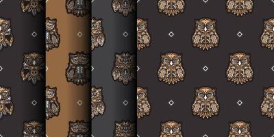 Set of seamless patterns with owls. Exclusive style. Good for T-shirts, postcards and prints. Vector