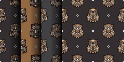 Set of seamless patterns with owls. Exclusive style. Good for T-shirts, postcards and prints. Vector