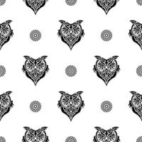Seamless pattern with owl face. Polynesia and Maori patterns. Suitable for poster, postcard, banner, textile and menu design. Vector illustration.