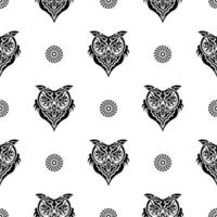 Seamless pattern with owl face. Polynesia and Maori patterns. Suitable for poster, postcard, banner, textile and menu design. Vector illustration.