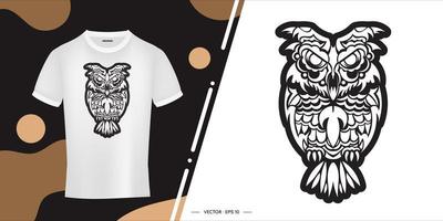 Black and white Owl print in boho style. Good for clothing and textiles. Vector