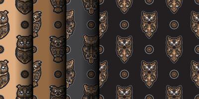 Owls seamless pattern in boho style. Good covers, fabrics, postcards and printing. Vector