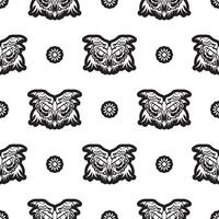Black-white Seamless pattern owl face in boho style. Isolated. Good for clothing and textiles. Vector