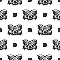 Black-white Seamless pattern owl face in boho style. Isolated. Good for clothing and textiles. Vector