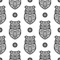 Black-white Seamless pattern of owls in boho style. Good for clothing and textiles. Vector