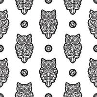 Black-white Seamless pattern of owls in boho style. Good for garments, textiles, backgrounds and prints. Vector