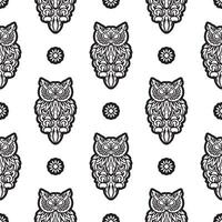Black-white Seamless pattern of owls in boho style. Good for garments, textiles, backgrounds and prints. Vector