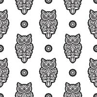 Black-white Seamless pattern of owls in boho style. Good for garments, textiles, backgrounds and prints. Vector