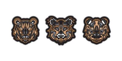 Samoan style tiger face set. Boho tiger face. Good for backgrounds, prints, apparel and textiles. Vector illustration.