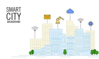 Flat vector illustration of city scape and technology icon. Suitable for design element of smart city, digital technology, and automation in future city background.