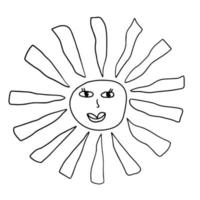 Cartoon linear doodle retro happy sun isolated on white background. vector