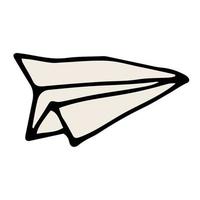 Cartoon doodle linear paper airplane isolated on white background. vector
