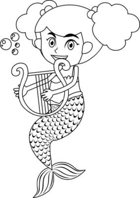 Mermaid play the harp black and white doodle character