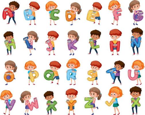 Children holding colourful english alphabet on white background