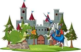 Scene with knight and dragon in fairytale land vector