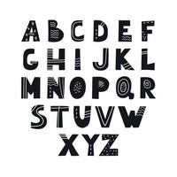 Black and white English alphabet in Scandinavian style. Stylish font with creative letters with abstract elements inside vector