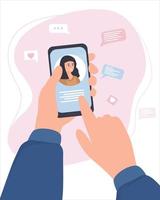 A hand with a smartphone and a woman on the screen. Communication in social networks and messengers, chat. use video calls. vector