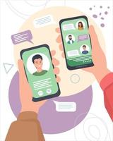 Hands with smartphones. People communicate in social networks and messengers, chat, text online, use video calls. Mobile applications and Internet technology vector