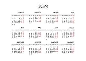 Calendar template for the year 2023. The beginning of the week is Monday. Highlight the desired holidays in red. vector