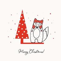 Greeting template with a cute little fox and a stylized Christmas tree vector