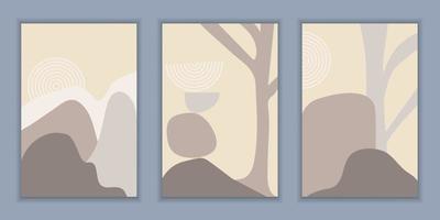 paisaje minimalista. montañas y rocas, árboles con ramas. líneas abstractas, estilo simple vector