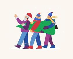 Happy people in winter clothes are carrying the New Year tree, getting ready for the Christmas holiday vector
