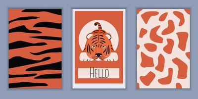 conjunto de plantillas de postales e invitaciones con un lindo tigre. estampados étnicos africanos de fondo con manchas y líneas onduladas vector