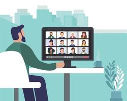 A videoconference of colleagues working together. Working and friendly remote communication over the Internet. Connecting people in an app and messenger. vector