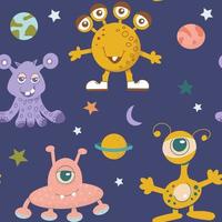 Seamless pattern of alien cute monsters and various planets and galactic stars. vector