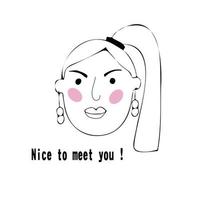 Vector portrait of a female character.Cartoon funny minimalistic man. Linear hand drawn face with emotion and mood. Friendly inscription. Postcard for social networks