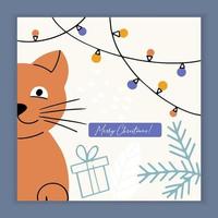 Merry Christmas card with kitty cat and holiday elements and symbols. vector