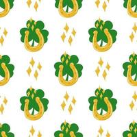 Seamless St. Patrick's Day pattern of Irish symbols. Green clover leaf and other hand drawn elements vector