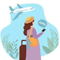 una chica en el aeropuerto con un celular en sus manos. comunicarse en redes sociales y mensajeros a través de videollamadas. aplicaciones móviles y tecnología de internet vector