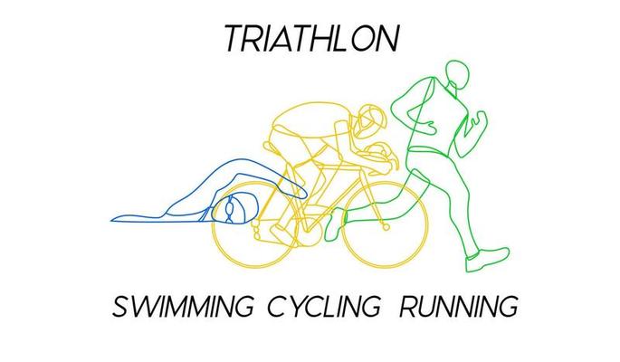 Triathlon. Linear hand drawn athletes. Competition in swimming, cycling and running.
