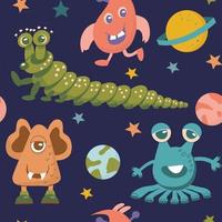 Seamless pattern of alien cute monsters and various planets and galactic stars. vector