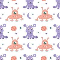 Seamless pattern of alien cute monsters and various planets and galactic stars. vector