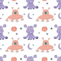 Seamless pattern of alien cute monsters and various planets and galactic stars. vector