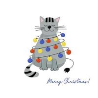 Christmas greeting card. Happy gray cat with a garland of multicolored lights vector