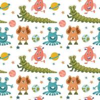 Seamless pattern of alien cute monsters and various planets and galactic stars. vector