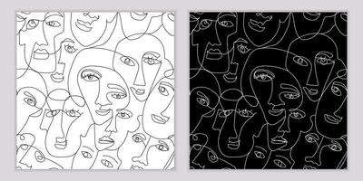 A set of seamless patterns of hand-drawn abstract faces of men and women in line art style. Modern minimalist black and white drawing vector