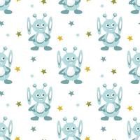 Seamless pattern of alien cute monsters and galactic stars. vector